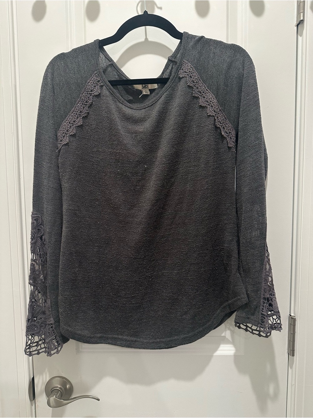 Ya Los Angeles Charcoal Lace-Trim Long Sleeve Top